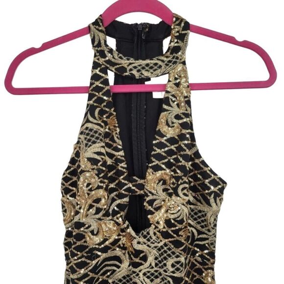 L'ATISTE Gold Metallic Sequin Halter Side Slit Maxi Dress Small - Picture 6 of 13